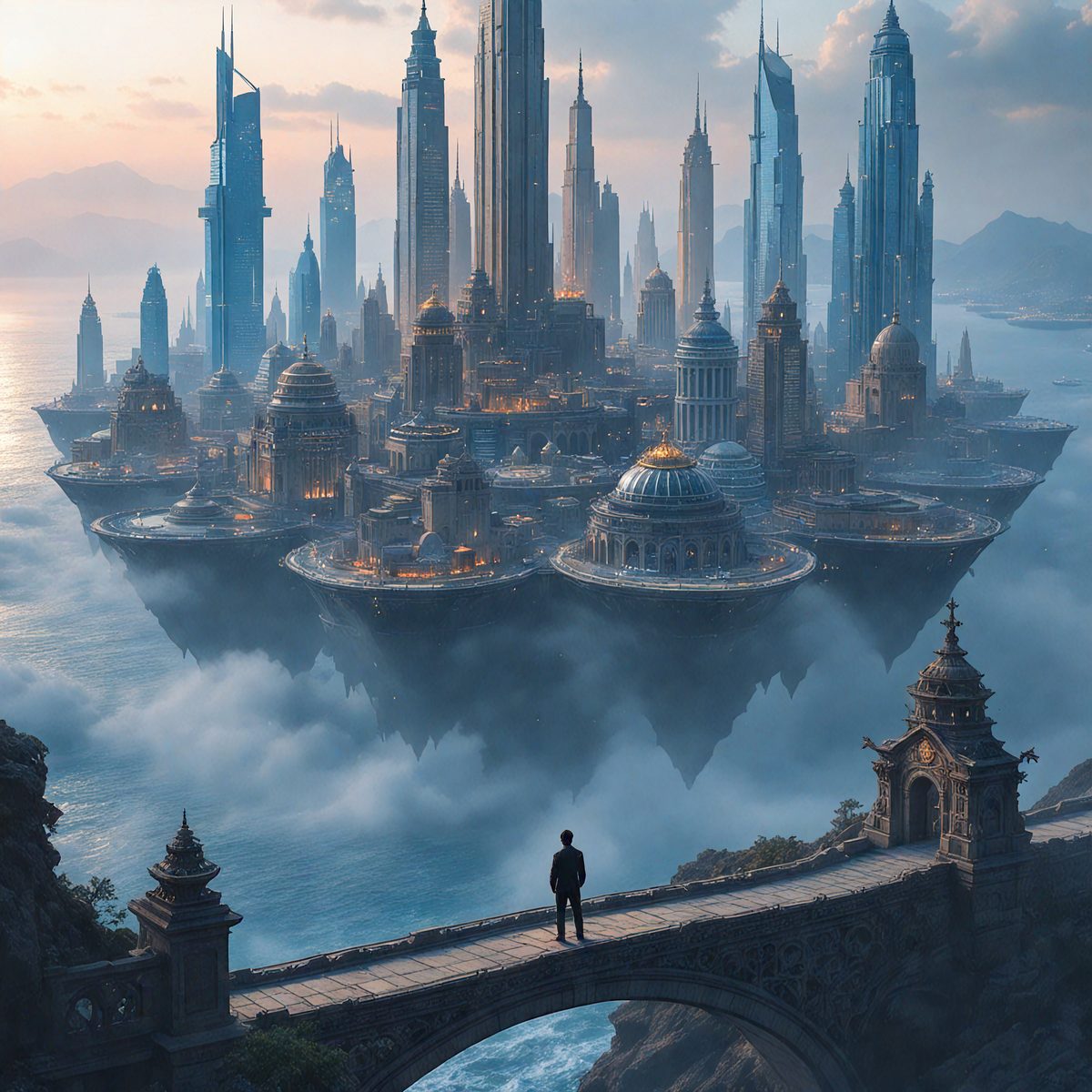 Primary subject: A man standing on a bridge overlooking a city with a futuristic skyline.

Setting/background: The city is a futuristic metropolis with a series of skyscrapers and a large castle-like structure. The skyline is illuminated by a blue light, creating a unique atmosphere.

Visual style: The image is a digital artwork, featuring a man and a futuristic cityscape.

Colors and mood: The image has a blue and pur